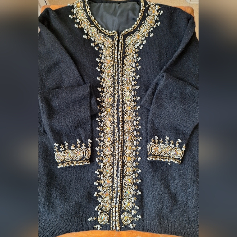 Vintage Jeweled Beaded Cashmere Cardigan Sweater Lined Old Money Womens M Black